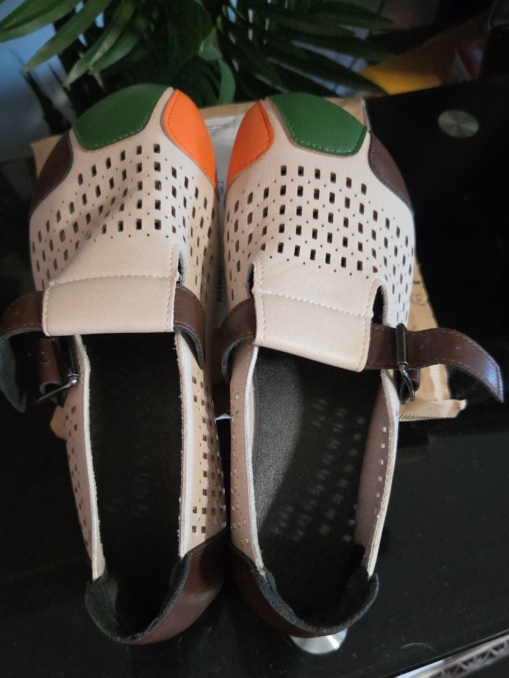 Women's Casual Perforated Leather Slip-On Shoes in Cream, Brown, Green & Orange
